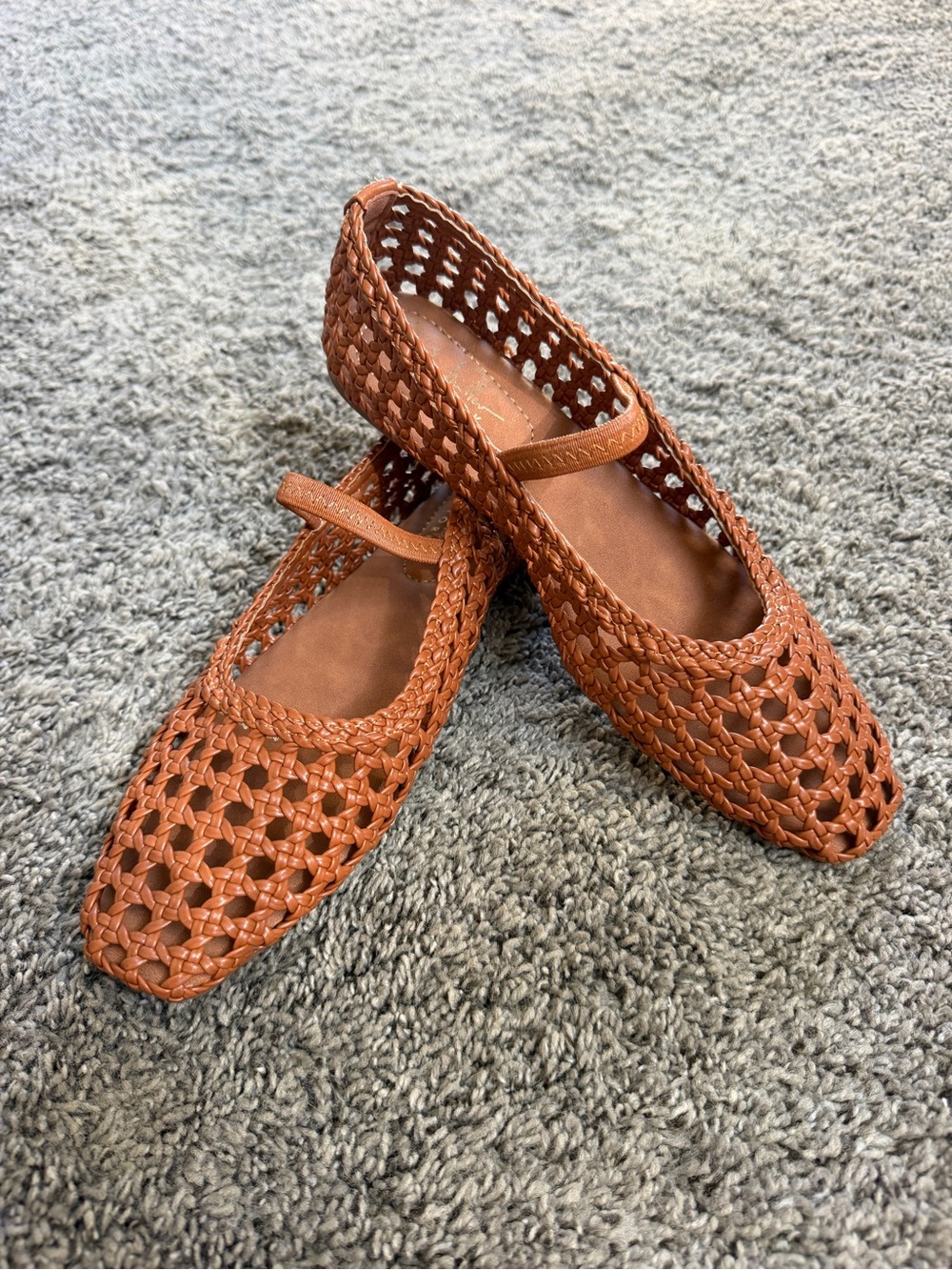 Woven Mary Jane Flats in Cognac Brown